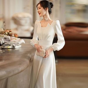 Casual Dresses S-3XL Ladies White Formal Elegant Dress Folds Ankle-Length Puff Sleeve Square Collar Vintage Maxi Women Party Night Robe