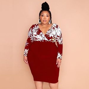 Plus Size Kleider Herbst und Winter Damenmode Print Splice V-Ausschnitt Bund Langarm Slim Wrap Hip Kleid