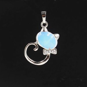 Yowost adorável gato pingente encantos colar reiki rosa natural quartzo opala pedra cabochon bead cura cristais jóias amuleto para mulheres bh031