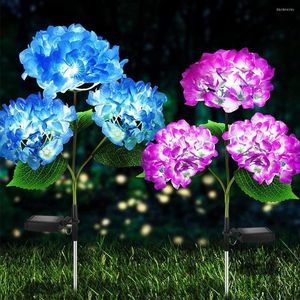 2pcs Solar Hydrangea Flower Light 3 Heads Lawn Lamps With Stake For Outdoor Garden Patio Country Decoration