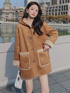 Kvinnors jackor ftlzz vinter vintage kvinnlig huva dubbel sidoknapp långjacka kvinnor lamm lapptäcke casual lady windproect coat