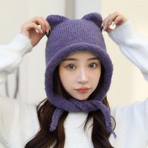 Basker unisex fast färg virkning hatt kattunge öronform varm fluffig vinterskidförsörjning för vuxna tonåringar