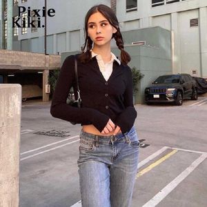 Женская футболка Pixiekiki Fake Twoe Top Top Top Black Tees Tees Корейская мода Женская одежда 90-х