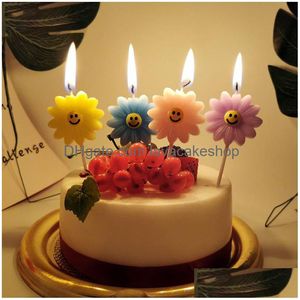 Ljus tecknad blomma leende ansikte födelsedag ljus lådan kostym bakning dekoration baby dusch tårta topper bröllop barnfest supplo dhu3g