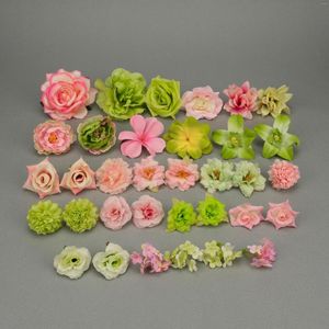 Decorative Flowers 34Pc Green Artificial Silk DIY Craft Making Combo Set Bulk Pink Flower Heads Floral Wall Number Decor Accessories