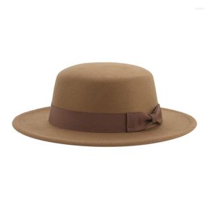 ベレー帽の帽子帽子fedora bowknotフラットソリッドカジュアルウェディングワイドブリムダンサーストリートフェルトソムブレロスデミュージャー
