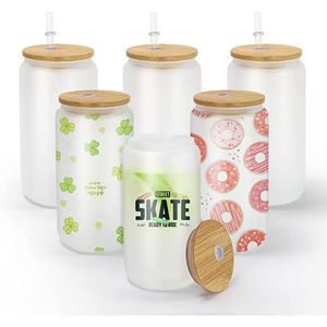 50pcs/Gehäuse 16oz Sublimation Glass Becher Blanks Bambus Deckel Gefrertetes Bier Can Glas Borosilikat Tumbler Mason Jar Tassen mit Plastikstroh für Iced Coffee SS0105