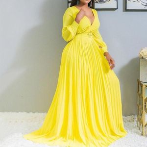 Casual Kleider Sexy Gelb Plus Größe Frauen Lose Lange Plissee Plain Abendessen Abend Party Vintage Weibliche 2023 Herbst Maxi Kleid 4XL 5XL