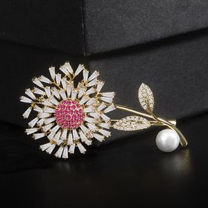 Sprudeln goldplattierte Löwenzahnbroschen Stifte für Frauen Perlenkristallblume Brosche Bouquet Corsage Kleidung Accessoires
