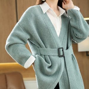 Kadın Sweaters Düğmeleri Tees 2021 Sonbahar Kış Yeni Pure Kashmere Hardigan Üst düzey kalınlaştırıcı ceket%100 yün orta uzunlukta örgü süveter artı boyut 230105