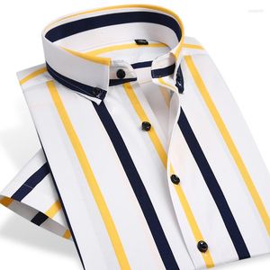 Camisas casuais masculinas faixas coloridas de manga curta Men camisa de vestido de vestido de vestido para baixo masculino, roupas sociais, fato slim