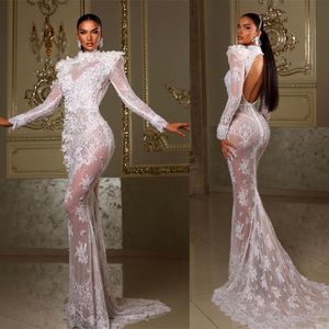 Luxury Mermaid Wedding Dresses High Collar Long Sleeves Appliques Lace Bridal Gowns Custom Made Sexy Backless Sweep Train Vestidos De Novia