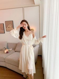 Sonowlee feminino Solid Women Robe Conjunto 2pcs Sexy Cardigan Cardigan Summer Summer Lace Vintage Kimono vestido Strap Nighty Bathrobe Homewear