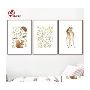 Paintings Nursery Woodland Wall Art Squirrel Deer Canvas Painting Flower Posters And Prints Little Forest Animals Pictures For Livin Dhp5F