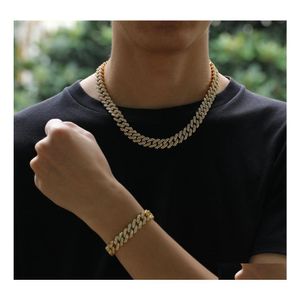 Naszyjnik bransoletki 12 mm Miami Cuban Link Bracelets Zestaw dla mężczyzn Bling Hip Hope Out Diamond Gold Sier Sier Chains Women Dh5jf