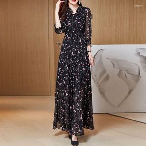 Vestidos casuais primavera no verão temperamento floral vestido de chiffon vintage preto boho long for women moda manga vestido q385