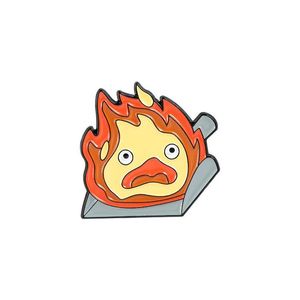 Pins Brooches Calcifer Enamel Pin Fire Demon With Log Dustpan Flame Inspired Badges Film Jewelry Gift For Child Kids Drop Delivery Dhai9