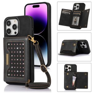 Luxury Rhinestone Cell Phone Cases Crossbody Mobilephone Shell Stand Cards Pocket Wallet Protective Cover For iphone15 14 13 12 Pro max Fashion PU Leather Card Bag