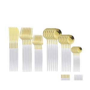 Set di stoviglie 36 pezzi Posate in oro bianco Posate in acciaio inox Set da tavola Dessert Insalata Forchetta Coltello Cucchiaio Cucina Consegna di goccia Dhjj0