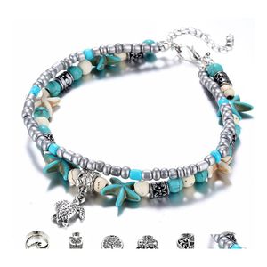 Anklets Bohemian Starfish Turtle For Women Boho Elephant Owl Wave Charm Pärlor Stenkedjan Ankelarmband på benstrandsmycken Drop de DH9TQ