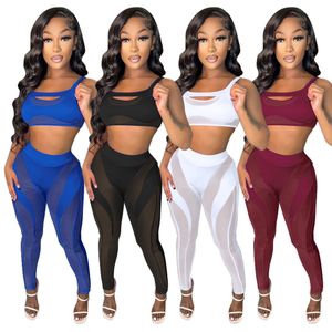 Bulk grossistbanor Kvinnor Summer Outfits Two Piece Set Solid Sleeveless Tank Top och Mesh Leggings Sexy See Through Clothes Night Club Wear 9172