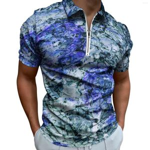 Men's Polos Blue Abstract Print Polo Shirts Mens Digital Art Casual Shirt Summer Funny Zipper T-Shirts Short Sleeve Custom Oversize Tops