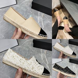 Classical Women Spring Lambskin Espadrilles Ladies Casual Shoes Fisherman Sneaker Canvas VS Real Leather Tweed Slip-On Platform Footwear Beige Black Size 35-42