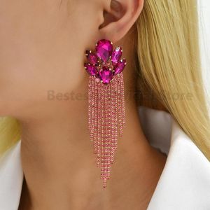 Orecchini pendenti con nappa lunga a catena di cristallo rosa per le donne Fashion Luxury Party Hanging Pendientes Accessori per gioielli vintage