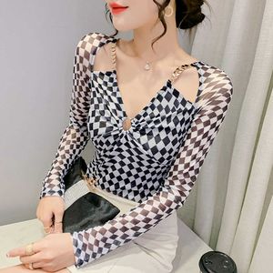 Women's T-Shirt Black Orange Classic Plaid T Shirt Women V Neck Slim Basic Wrap T-Shirt Femme Elegant Elastic Sexy Hollow Womens Tops Korean Tee T230104