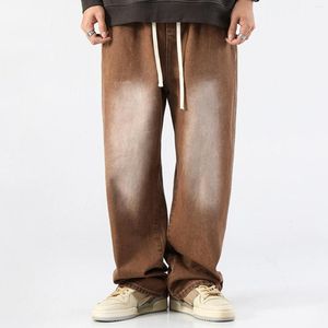 Erkekler Kot Mens Koreli Fashoins Harem Pants Vintage Pocket ile Düz Harajuku Baggy Brawstring Geniş Bacak Denim 4