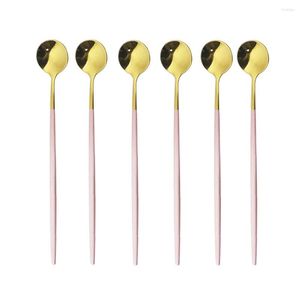 Dinnerware Sets 6pcs Long Spoons For Dessert Coffee Tea Stainless Steel Ice Spoon Set Pink Gold Stirring Bar Accessories