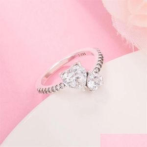 Band Rings Authentic 925 Sterling Sier Ring Double Heart Sparkling Luxury For Women 2022 Girls Fit Pandora Fashion Jewely New Drop D Dhhny