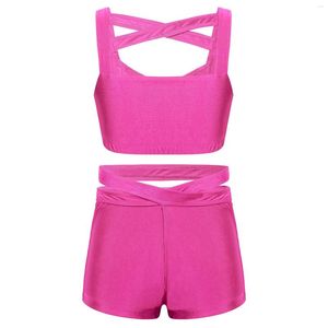 Kledingsets Kids Girls Dance Workout Outfits Solid Color Bra Tops Shorts Activewear Suit voor tiener Yoga Sports Gym Performance Kleding