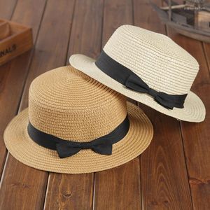 Breda randen hattar enkla sommar förälder-barn strand hatt kvinnlig casual panama lady varumärke kvinnor platt bowknot halm cap flickor sol