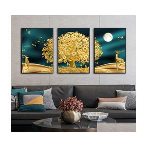 Dipinti Arte dorata Cervi Albero dei soldi Immagine della parete Islamico Senza cornice Astratta Luna Stampa su tela Poster Still Life Drop Delivery Hom Dhx7L