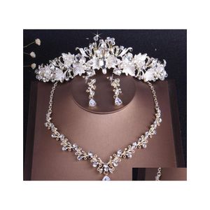 Orecchini Collana Barocco Vintage Oro Cristallo Foglia Perla Set di gioielli floreali Set da sposa Girocollo con strass Tiara Corona Goccia Delive Dhrkq