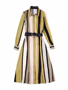Casual Dresses Women Fashion Belt Striped Shirt Dress 2023 Full Sleeves Single Breasted Turn-Down Collar Vestidos Mujur
