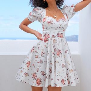 Casual Dresses Flower Print White Dress Women Short Puff Mini Sundress Sexy Square Collar Woman High Waist Party A-Line 2023 Summer