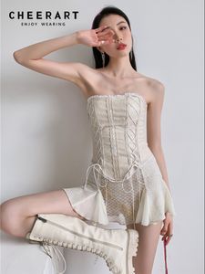 Kobiety Sumps Rompers Cheerart Renaissance 2 -częściowy bandaż gorset Top skórzany krzyż Backless Tube Beige Bustiers Corsets Vintage Summer 230104