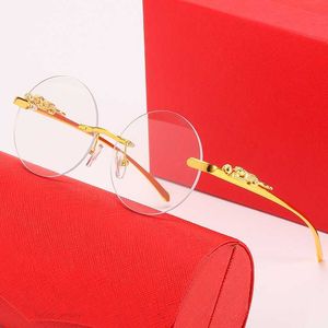 Luxus-Panther-Sonnenbrille, Designer-Damen-Herren-Büffelhorn-Sonnenbrille, Herren-Damen-Rahmenlose, runde Brille, Gold-Leoparden-transparente Linse, gut