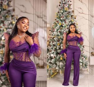 Arabische Aso Ebi Lila Jumpsuits Ballkleider Perlen Feder Illusion Langarm Afrikanisches Abendkleid mit Hosenanzug Plus Size