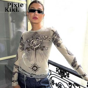 Women's T-Shirt PixieKiki Cyber Y2k Printed Mesh Sheer Graphic T Shirts Streetwear Clothes for Women Sexy Fashion Long Sleeve Crop Tops P85-BZ10 T230104