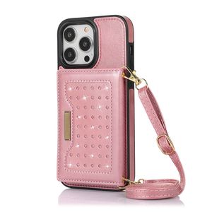 الحالات الهاتفية الفاخرة Crossbody Rhinestone الهاتف المحمول حامل بطاقة Cover Wallet Wallet Pu Leather Leather Coverings for iPhone15 14 13 12 Pro Max مع حزام