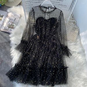 Casual klänningar 2023 kvinnliga o-hals stjärnor paljett mesh glänsande älvklänning kvinnor elegant bling gasväv prinsessan puff vestidos de fiesta