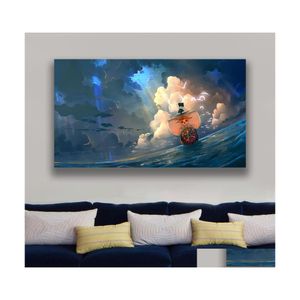 Dipinti Thousand Sunny Ship Manga Poster Incorniciato Cornice in legno Tela Wall Art Decorazione Stampe Dormitorio Casa Arredamento camera da letto Drop Delive Dheir