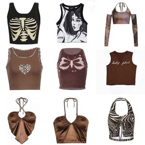 Serbatoi da donna Camis Vintage Brown Halter ole Scava fuori Cyber Y2k Crop Top Donna Gothic s Sexy Corset Tank 90s Abbigliamento 230104