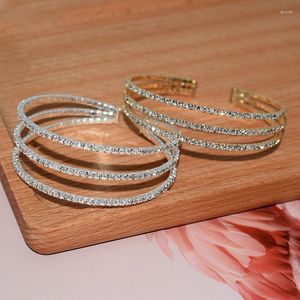 Bolegle Blijeery Fashion Gold Silver Pleated Rhinestone Open Cuff Bracelets for Women Crystal Multi-Wayer Wedding Jewelry