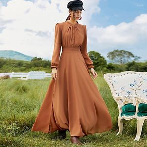 Casual Dresses Elegant Stand Collar Single-breasted Women Soft Chiffon A-line Long Dress Spring Summer For 2023 Robe