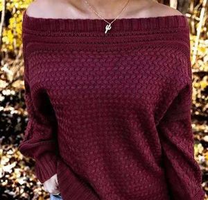 Women's Sweaters Women Thermal Sweater Wine Red Solid Color Long Sleeve Off-the-shoulder Tops Shirts