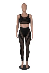 Fatos de treino em massa feminino roupas de verão duas peças conjunto sólido sem mangas regata e leggings de malha ver através de roupas night club wear 9172